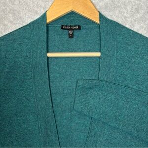 Eileen Fisher Open Front Merino Wool Cardigan Sweater-Teal Green-Women Small